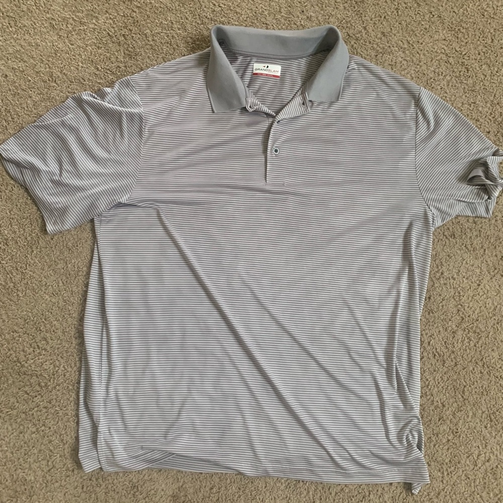 🎀3/$25🎀 XXLT Grand Slam gray and white striped polo shirt, EUC.